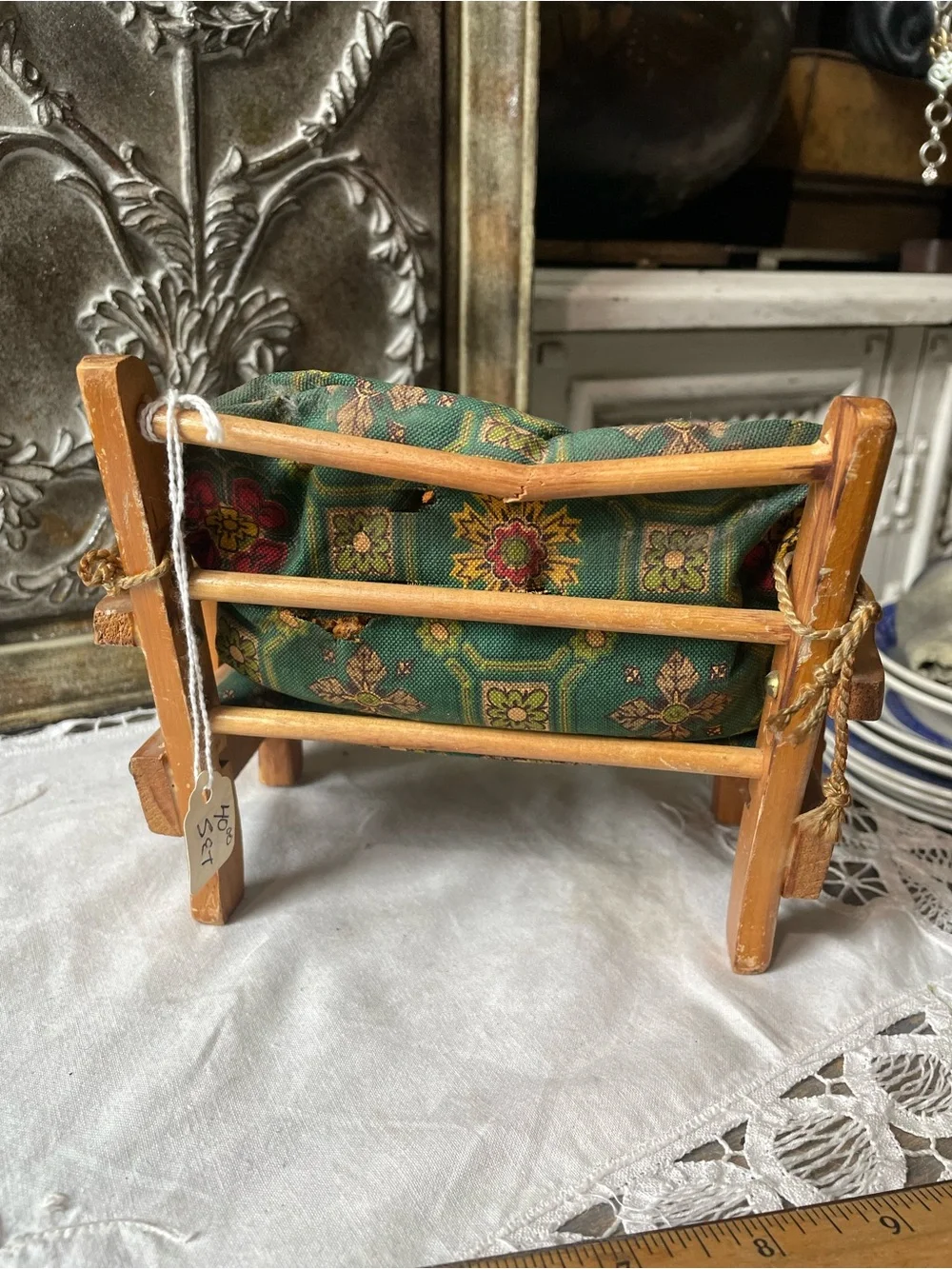 Vintage 1950 MCM Wood Doll couch green fabric Pert